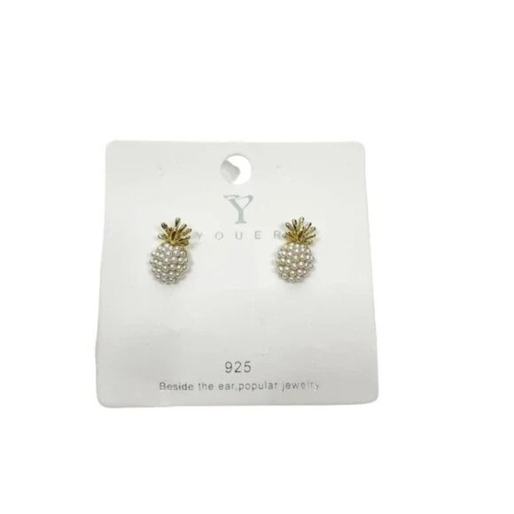 2/$24 NEW Pineapple Earrings Post Gold Tone Pearl Tropical Beach Vacation - Picture 6 of 9
